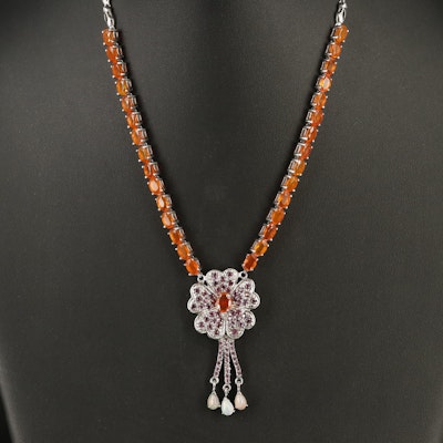 Sterling Fire Opal, Opal and Garnet Flower Necklace