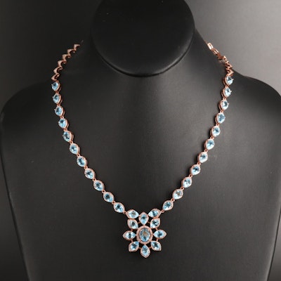 Sterling Swiss Blue Topaz and Cubic Zirconia Floral Necklace