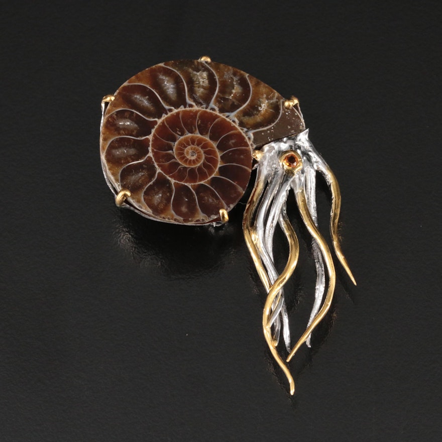 Sterling Ammonite and Citrine Nautilus Brooch