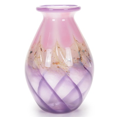 Nick Delmatto Pink and Lavender Swirl Handblown Art Glass Vase, 2000