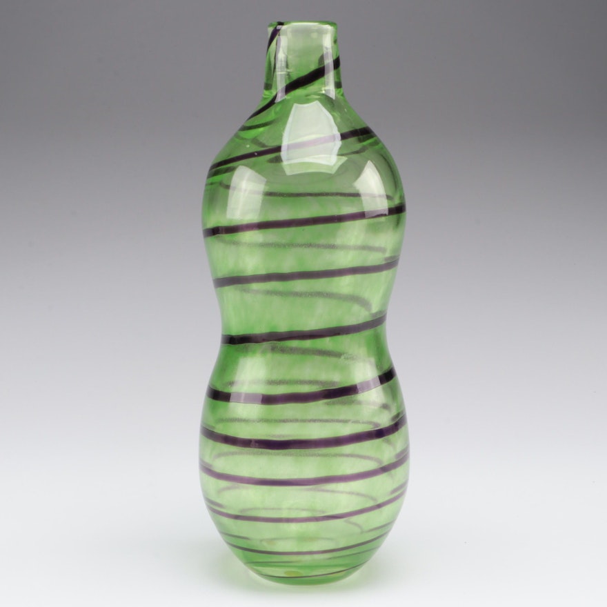 Gunnel Sahlin for Kosta Boda "Joy" Green Glass Bottle With Trailing, 1991