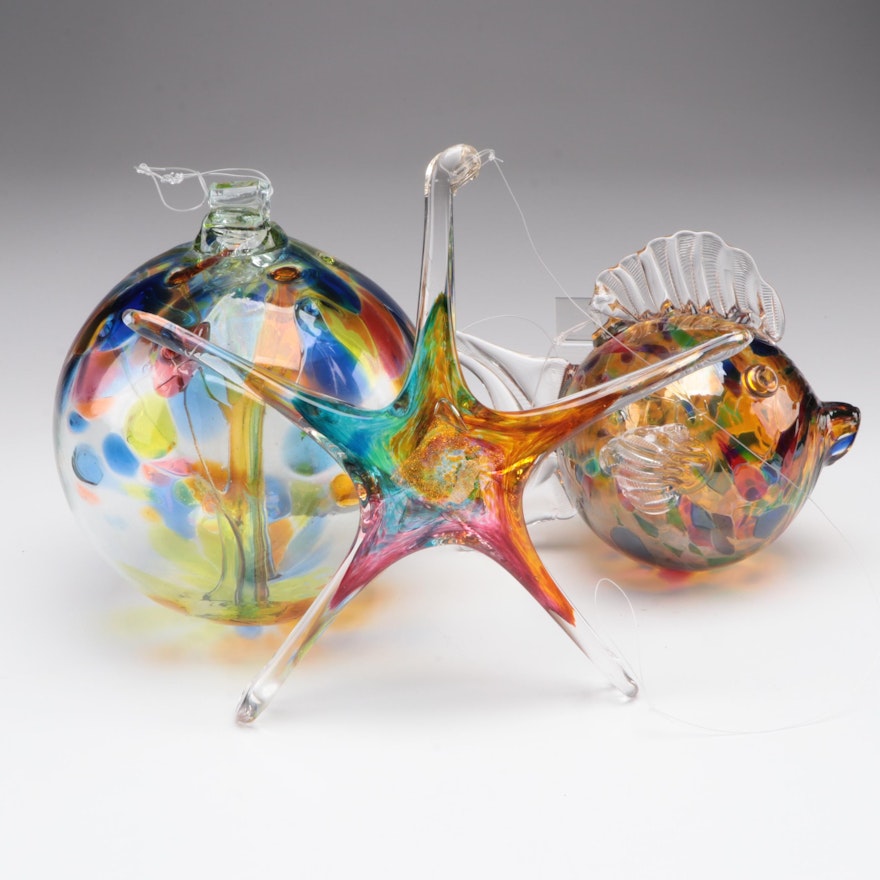 Signed Art Glass Star with Art Glass Witch's Ball and Fish