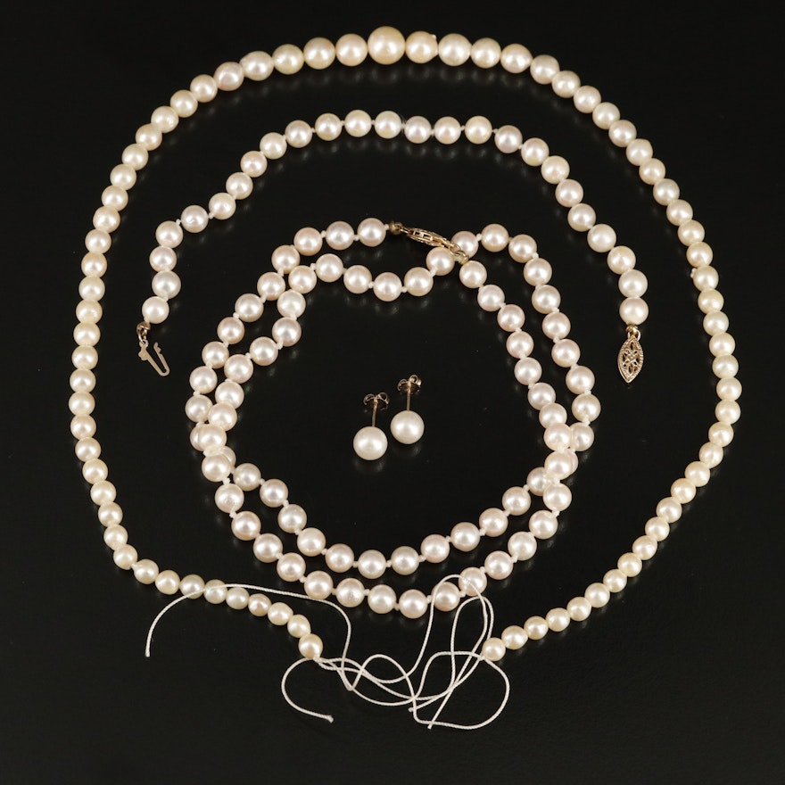 14K Pearl Necklace, Bracelet and Stud Earrings with Pearl Hank