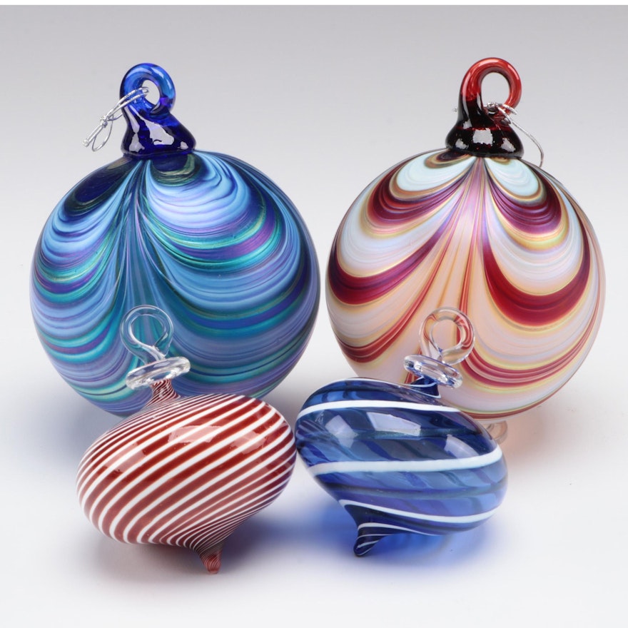 Art Institute of Chicago Iridescent Pulled and Striped Art Glass Ornaments