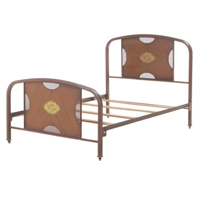 Painted Metal and Transfer-Decorated Three-Quarter Size Bed, Early 20th Century