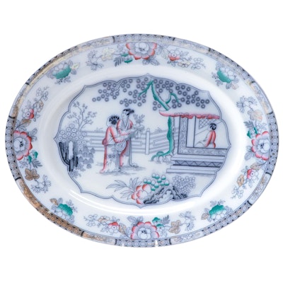 Polychrome Flow Blue Chinoiserie Style Ironstone Platter, 19th Century