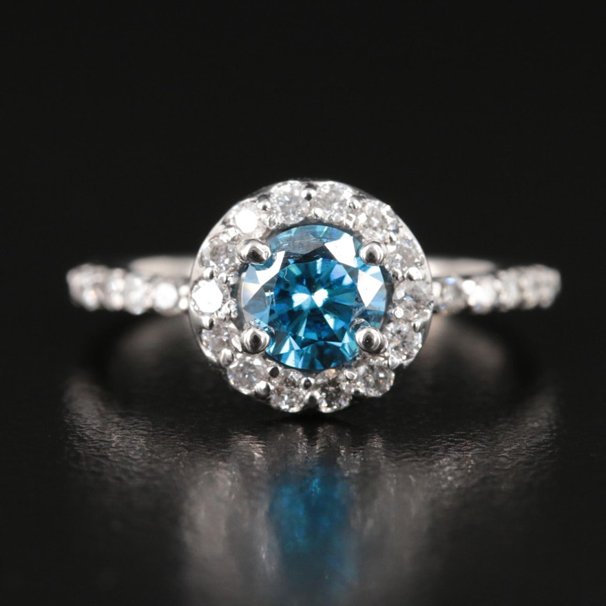 14K 1.75 CTW Diamond Halo Ring with Fancy Vivid Blue Center