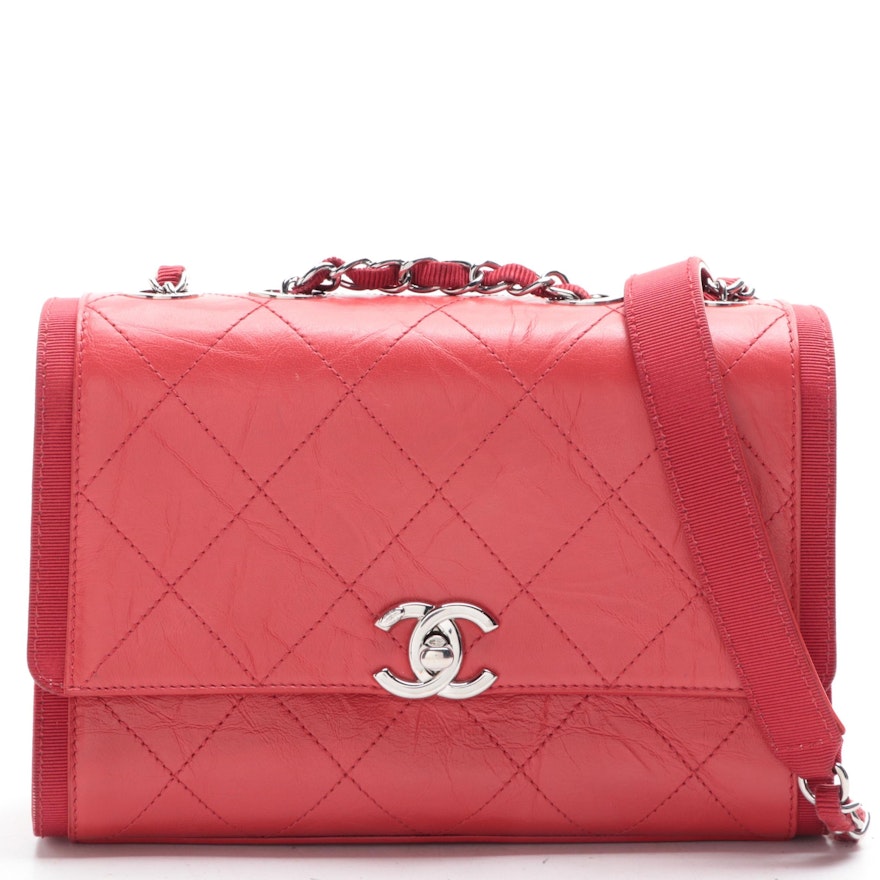 Chanel Small CC Chain Flap Bag in Quilted Crumpled Calfskin Leather/Grosgrain