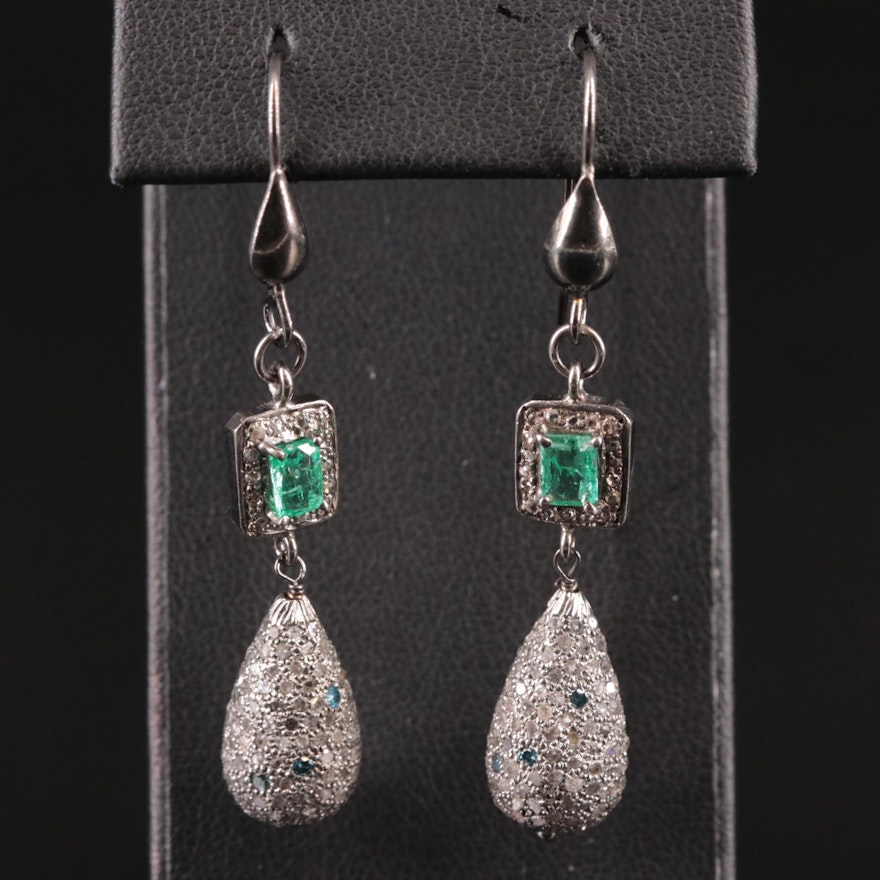 Sterling Emerald and Diamond Drop Earrings