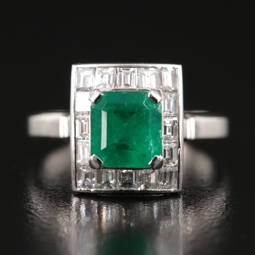 Platinum 1.31 CT Emerald and Diamond Ring with GIA Report