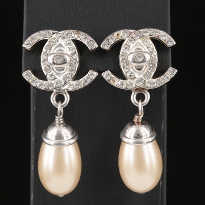 Chanel Turn Lock Double C Logo Earrings with Faux Pearl Strass and Pearl Drops
