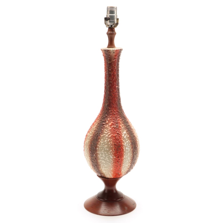 Mid Century Modern Bowling Pin Style Ceramic and Walnut Table Lamp
