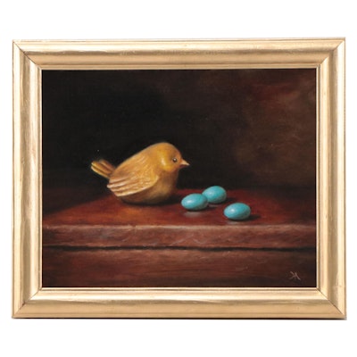 Houra H. Alghizzi Still Life Oil Painting "Golden Bird and Robin Eggs" 2023