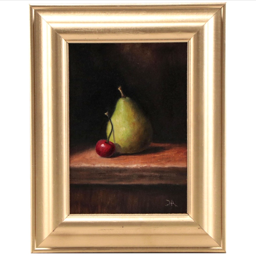 Houra H. Alghizzi Still Life Oil Painting "Green Pear and Cherry," 2023