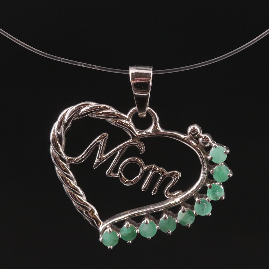 Sterling Emerald 'Mom' Heart Pendant