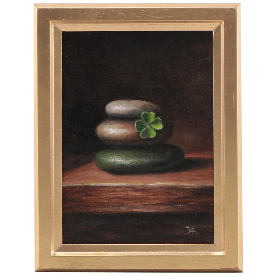 Houra H. Alghizzi Still Life Oil Painting "Zen Rocks and Lucky Shamrock"