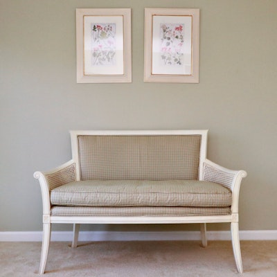 Ethan Allen "Legacy Collection" Caned Arm Upholstered Settee in Antique White