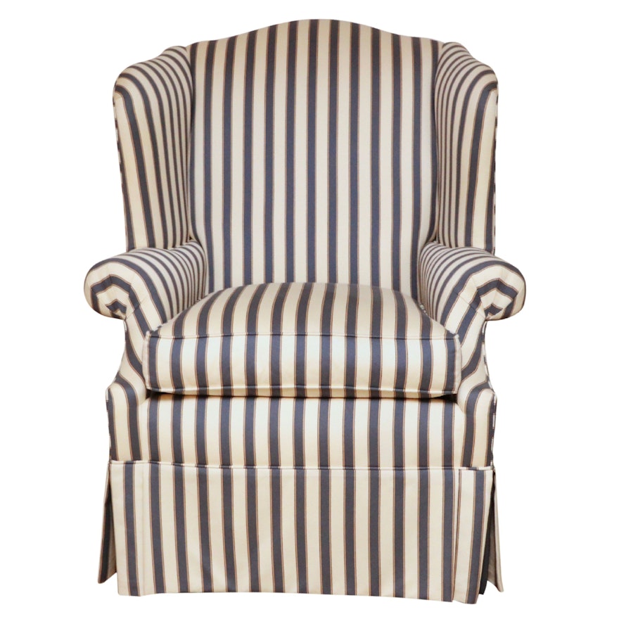Ethan Allen Ticking Stripe Upholstered Wingback Armchair