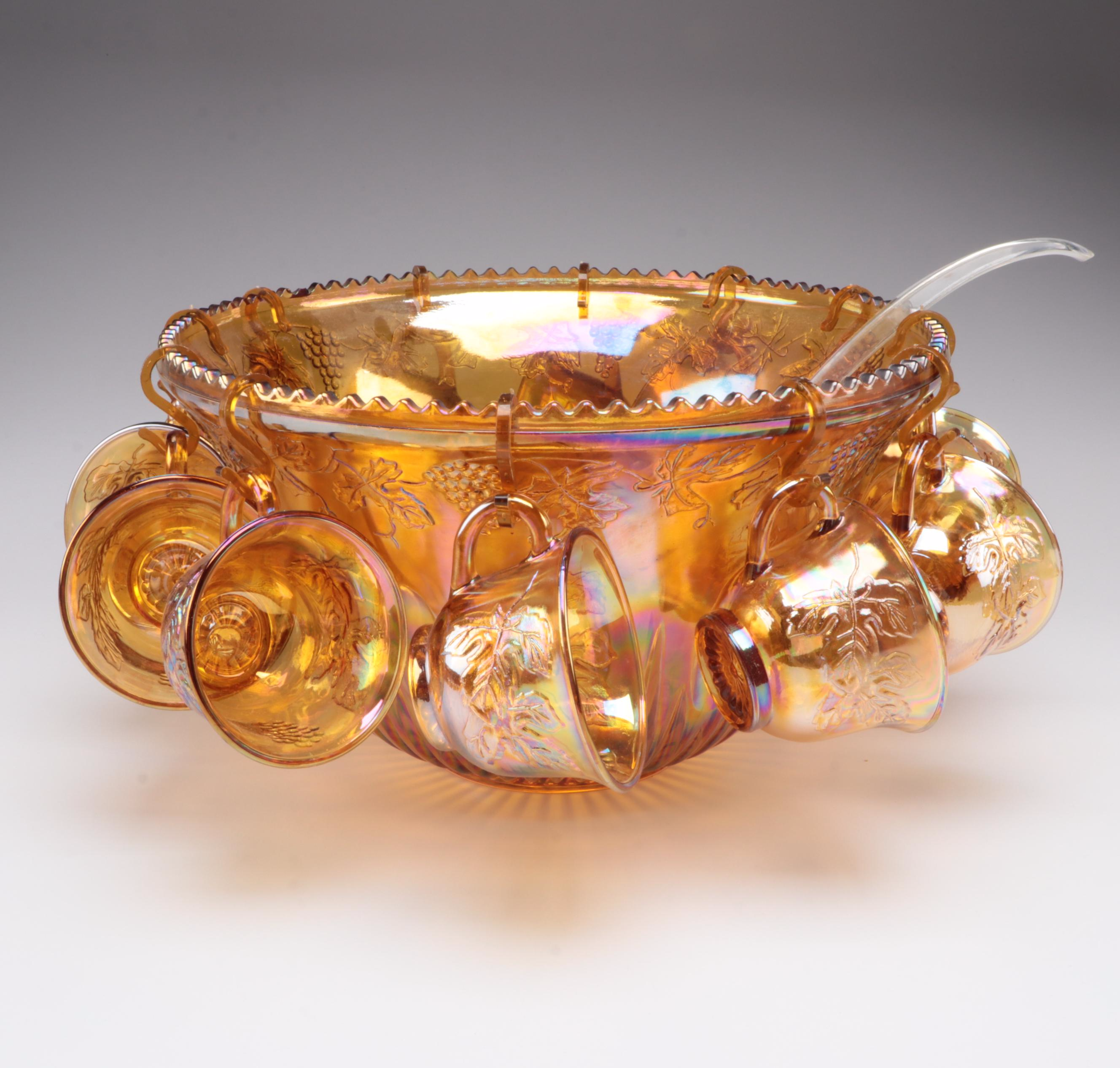 Indiana Glass "Princess Gold Carnival" Punch Bowl, Cups, Hooks and Ladle EBTH