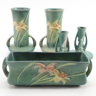 Roseville Pottery "Zephyr Lily" Planter and Vases with "Foxglove" Candlesticks