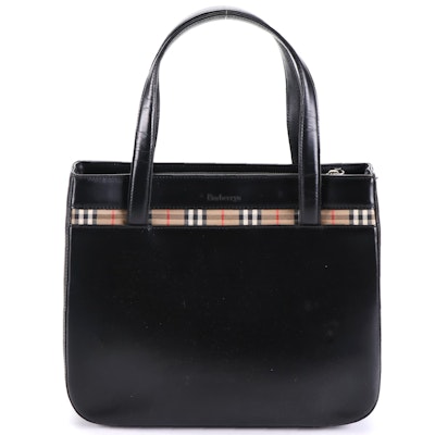 Burberrys Leather Tote Bag with Check Canvas Trim