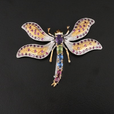Sterling Amethyst, Garnet and Kyanite Dragonfly Brooch with Articulated Wings