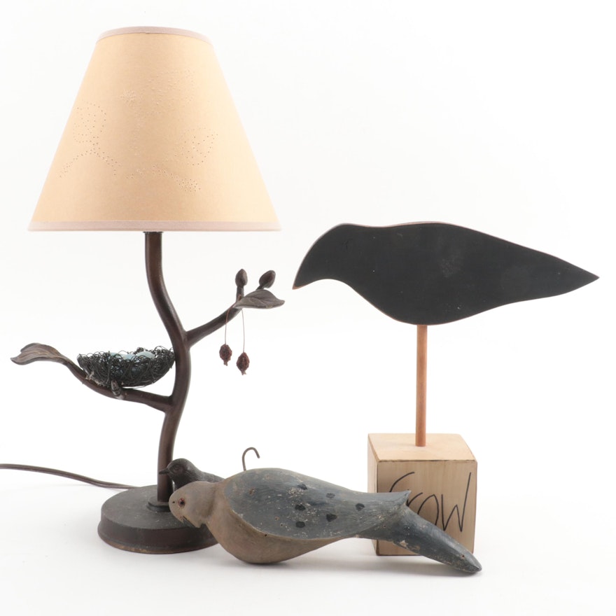 Folk Art Style Table Lamp and Wooden Bird Figurine and Ornament