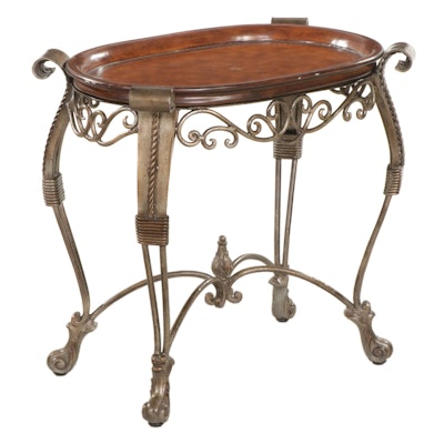 Baroque Style Scrolled Patinated Metal and Wooden Tray Top Side Table