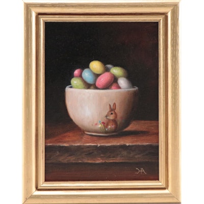 Houra H. Alghizzi Still Life Oil Painting "Easter Robin Eggs" 2023