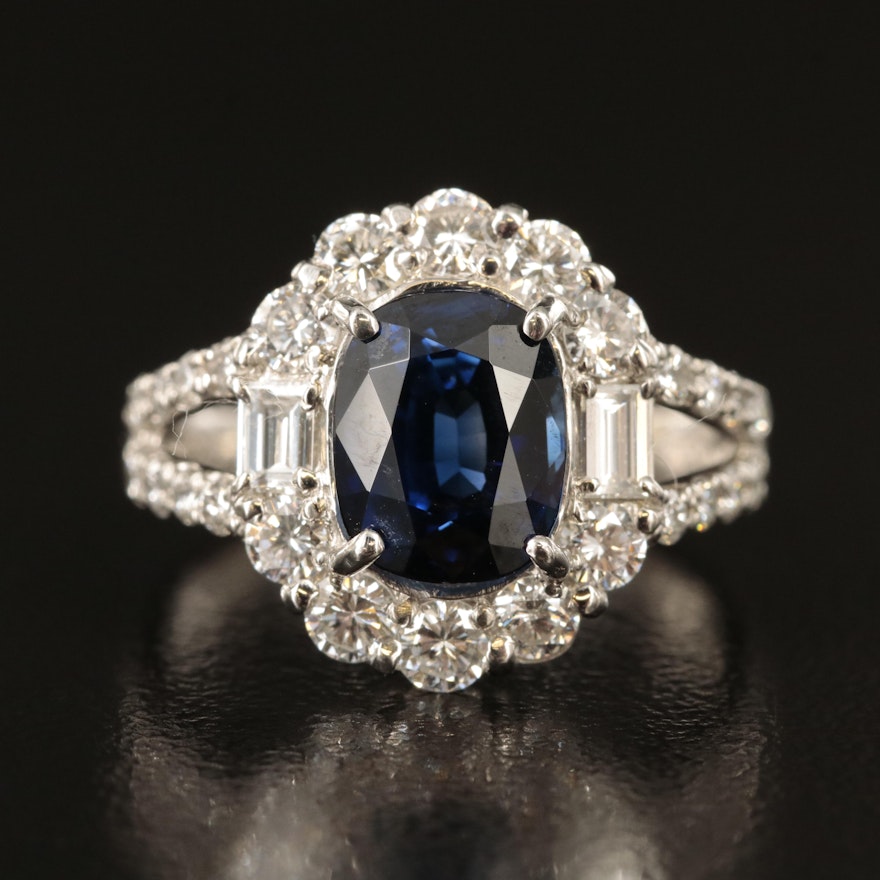 Platinum 3.06 CT Madagascan Sapphire and 1.08 CTW Diamond Ring with GIA Report