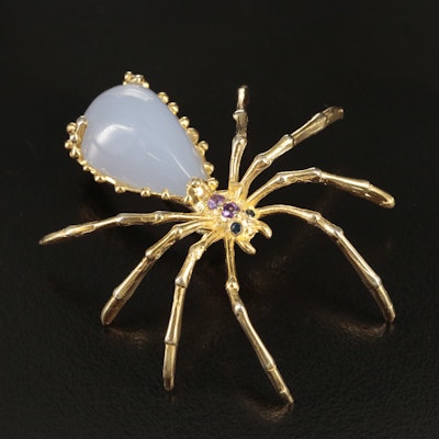Sterling Chalcedony, Amethyst and Sapphire Spider Brooch