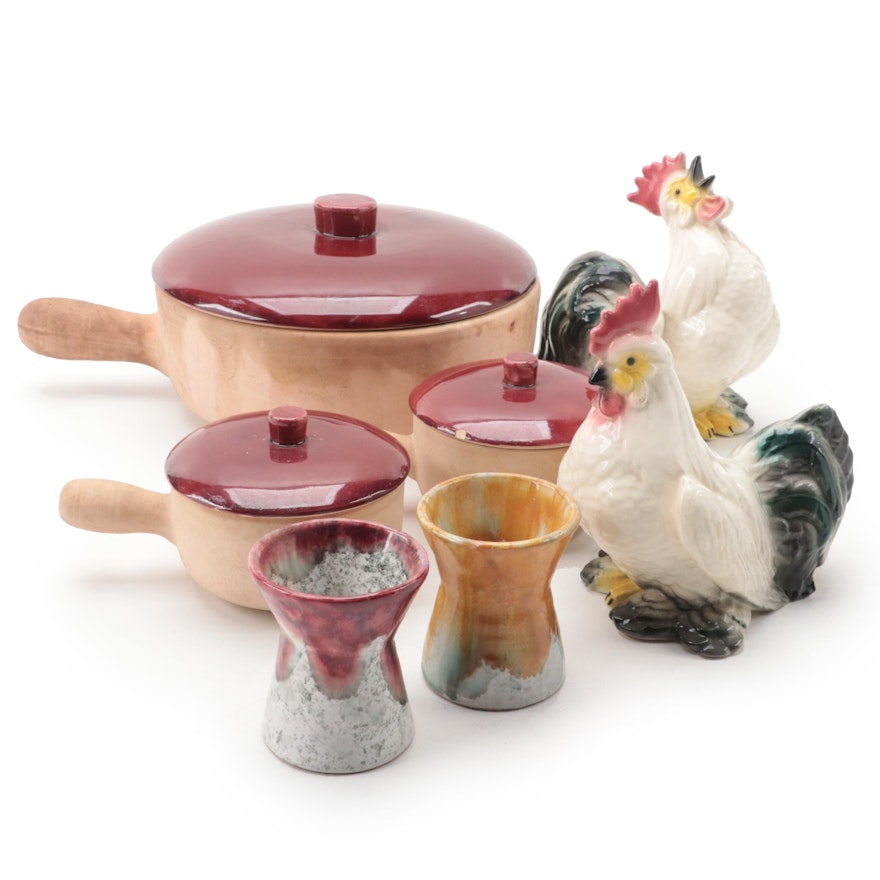 Italian Solaro Ware Soup Bowls with Rooster Figurines and Vases