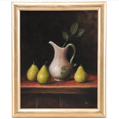 Houra H. Alghizzi Still Life Oil Painting "Bartlett Pear and Porcelain Pitcher"