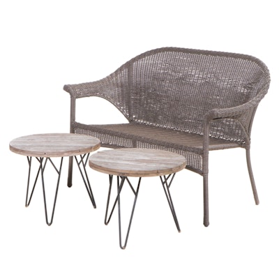 Resin Wicker Patio Settee Plus Two Slatted Hardwood and Metal Side Tables