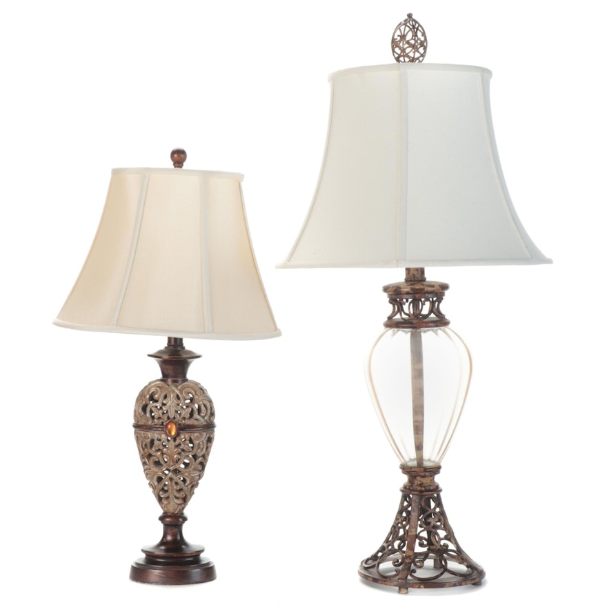 Bronzed Filigree Metal and Glass Table Lamps, Contemporary