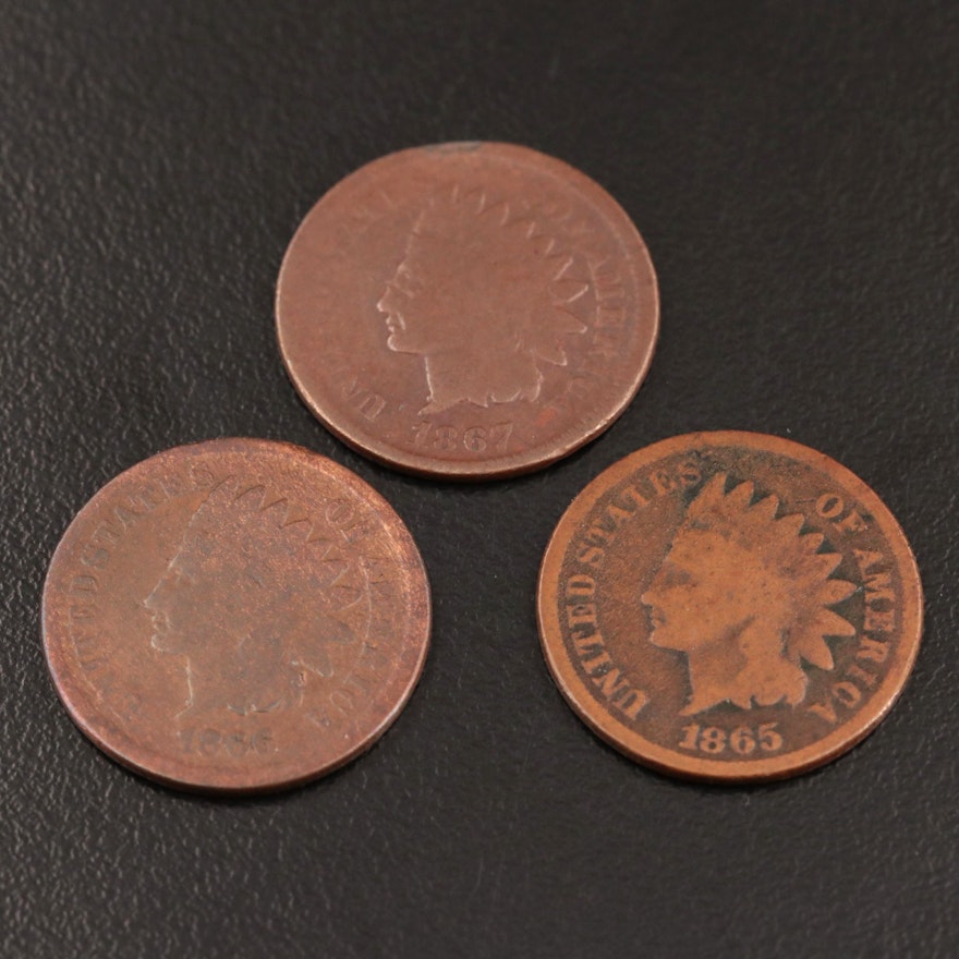 Three Indian Head Cents, Dated 1865, 1866, 1867