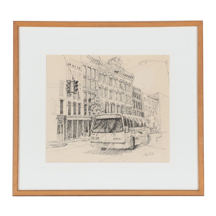 Jay Cantrell Pen and Ink Drawing of Downtown Street Scene, 1985