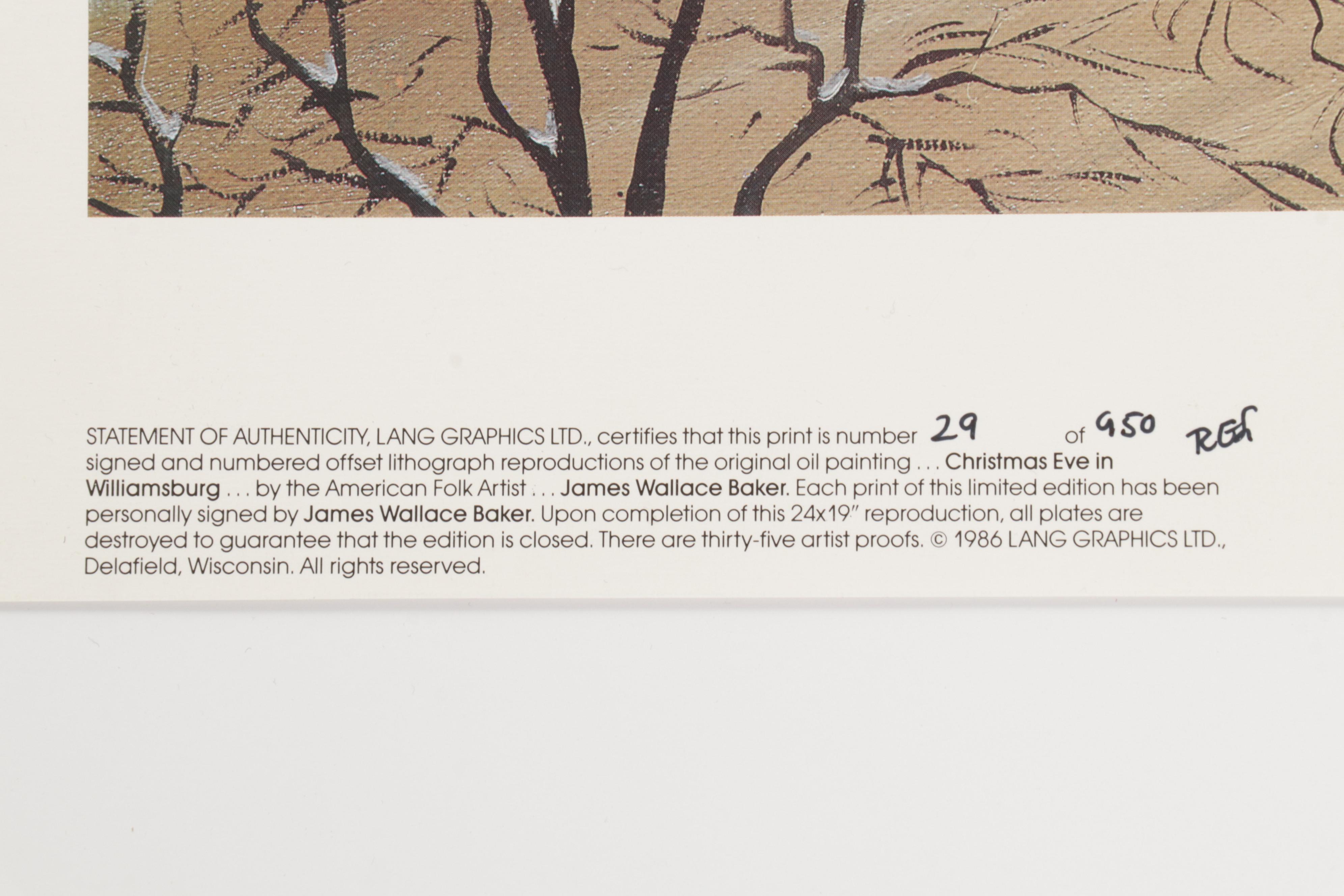 James Wallace Baker Offset Lithograph "Christmas Eve in Williamsburg