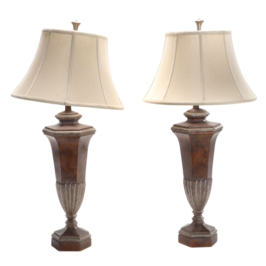 Pair of Urn Shaped Metallic Finish Composite Table Lamps, Contemporary