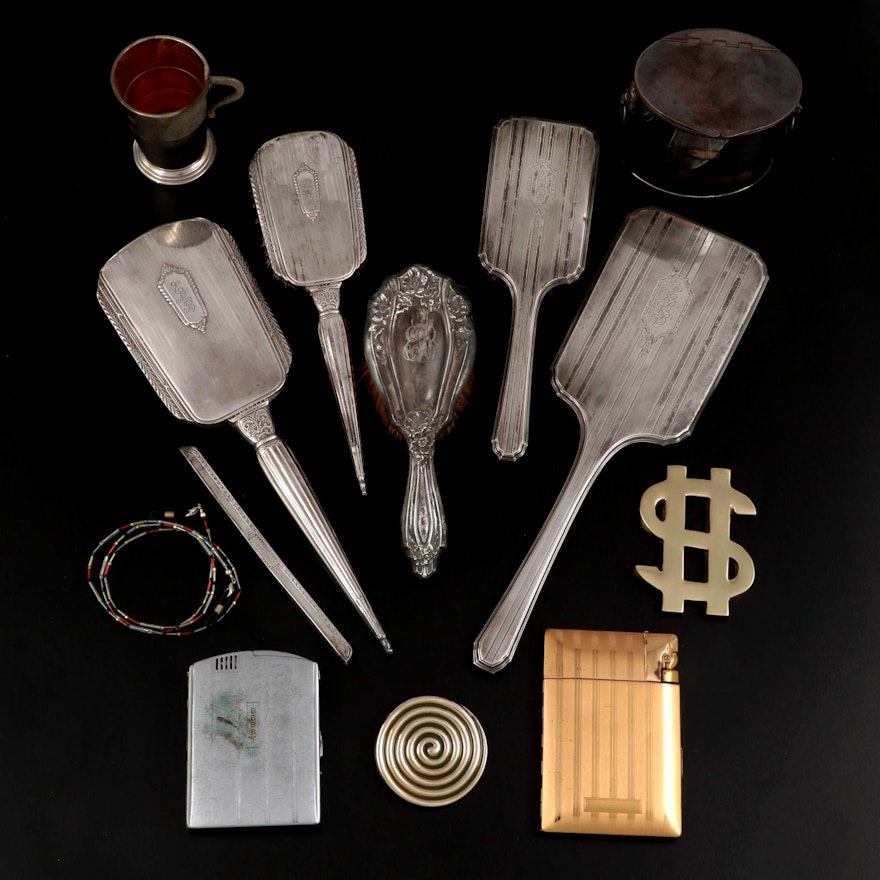Sterling Silver Hand Mirrors and Brushes with Other Cigarette Cases and Décor