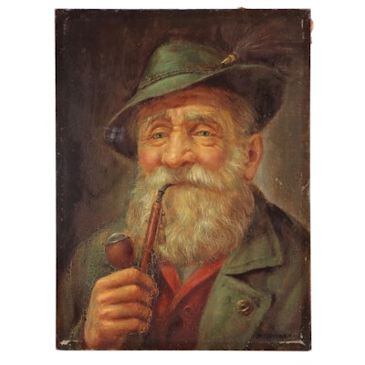 J. C. Humann Oil Portrait of German Man Smoking Pipe