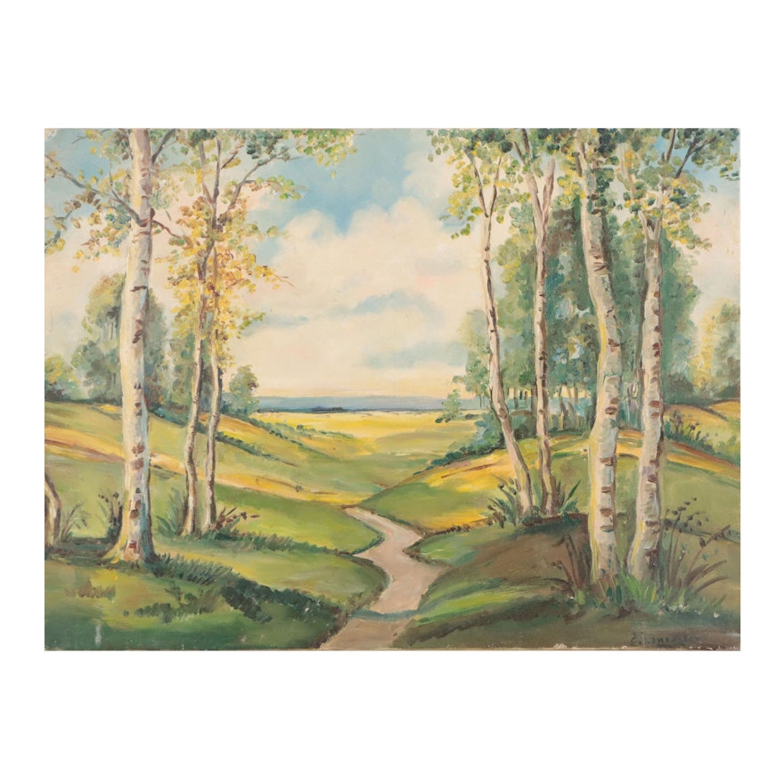 E. Lancaster Landscape With Birches Oil Painting