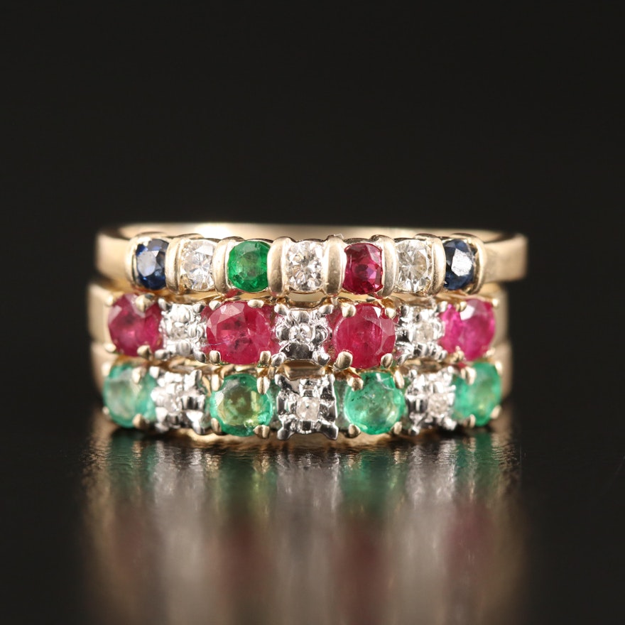 10K and 14K Ruby, Sapphire, Emerald and Diamond Stacking Rings