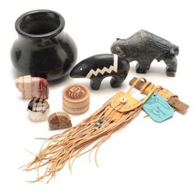 Zuni Carved Jasper Fetish Animals, Sterling Pill Box, Leather Pouch and More