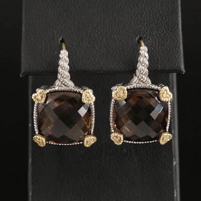 Judith Ripka Sterling Smoky Quartz and Diamond Earrings with 18K Accents