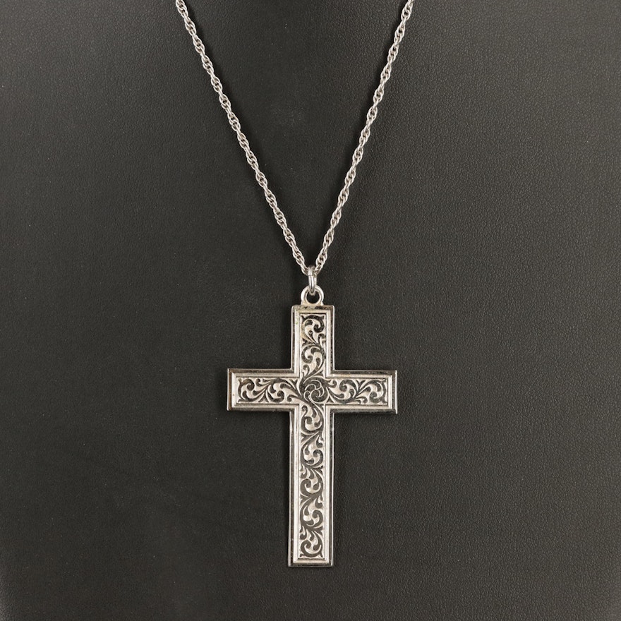Sterling Cross Pendant Necklace with Acanthus Detail