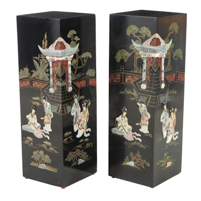 Pair of Chinoiserie Paint and Inlaid-Stone Decorated Pedestals