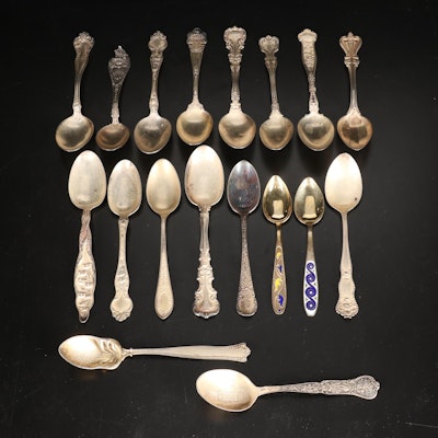 Sterling Silver Sugar, Souvenir, and Teaspoons With 875 Silver Cloisonne Spoons