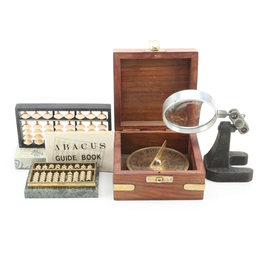 Brass Sundial in Wooden Box with Abacuses and Table Top Magnifying Glass