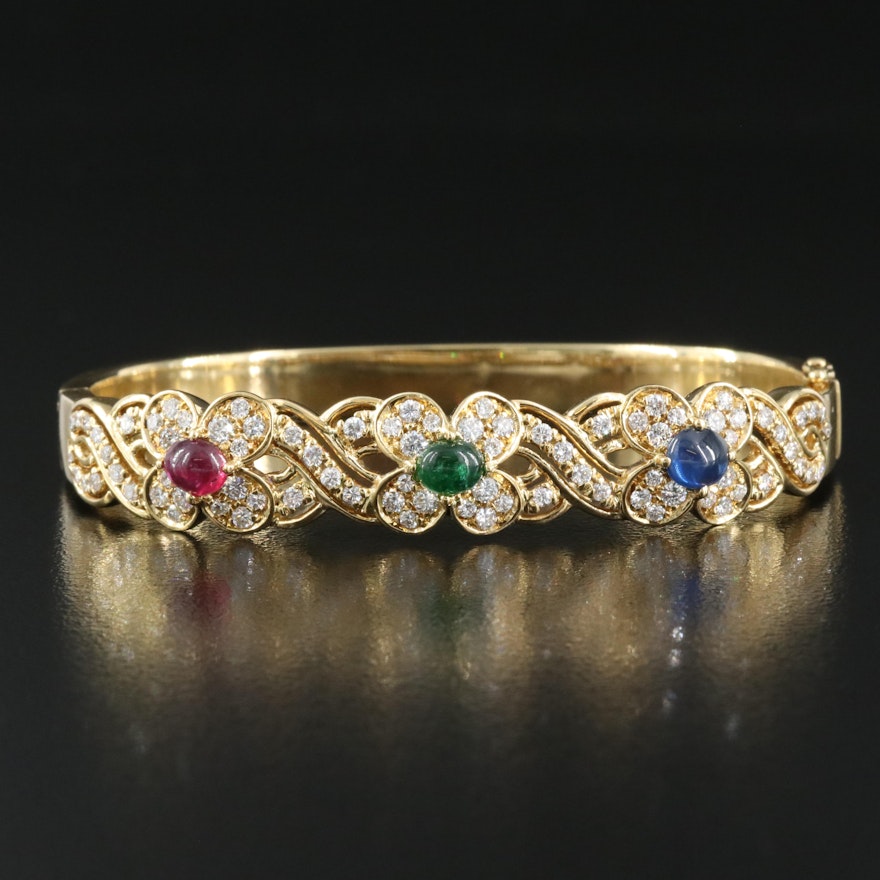 18K Ruby, Emerald, Sapphire and 1.60 CTW Diamond Floral Hinged Bangle